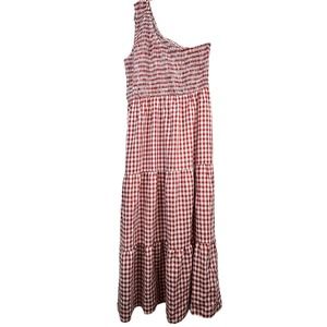 Red White Gingham Plaid Smocked Tone Shoulder Tiered Maxi Dress Medium